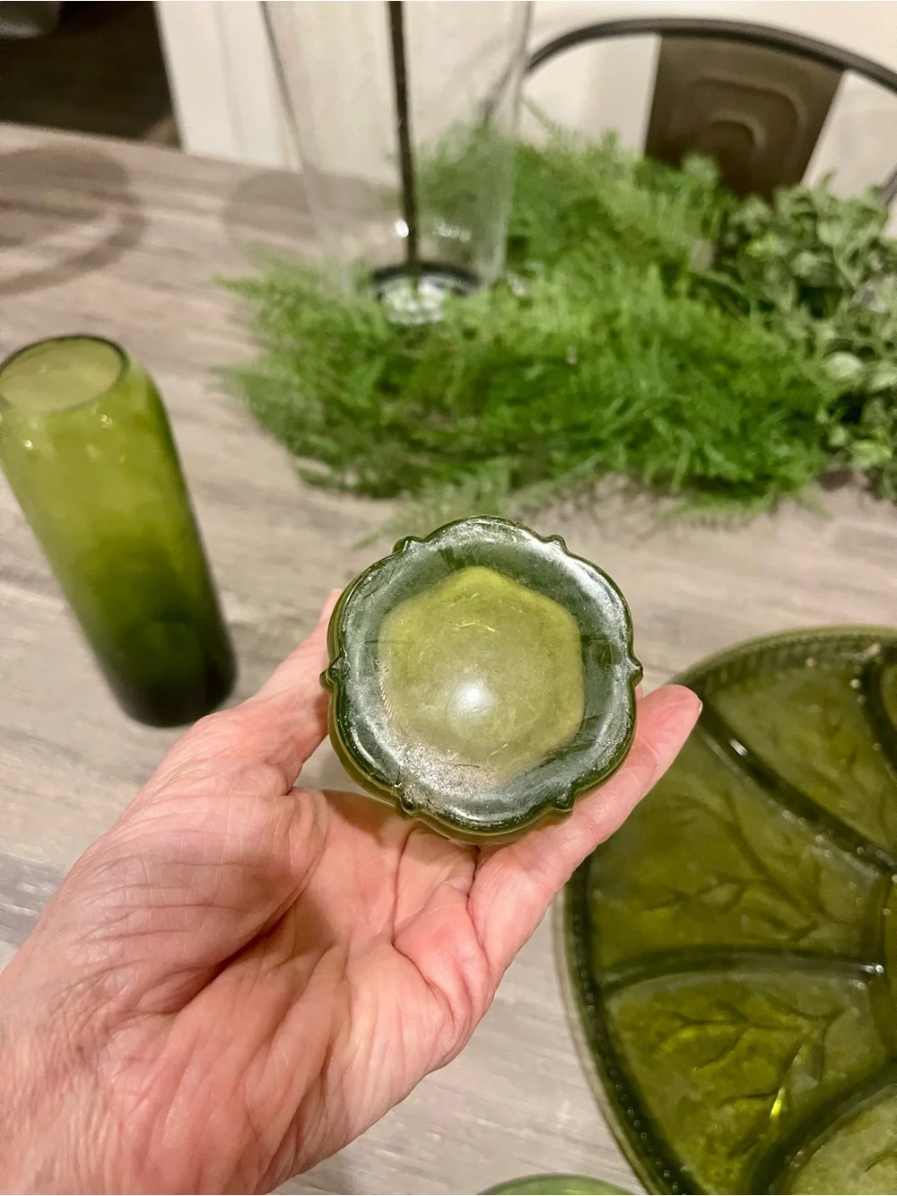 Etienne Aigner Olive Green Glass Divided Serving Platter, Vases and Flower divid